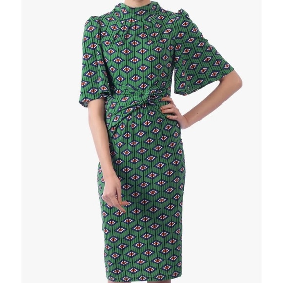 Jolie Moi Dresses & Skirts - Jolie Moi Green Geometric Flowy Sleeve Midi Dress Women Size 14 EU 42 Cut Out